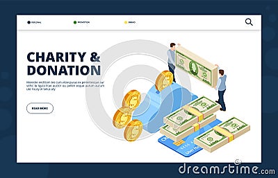 Give money isometric concept. Donation and charity vector landing page Vector Illustration