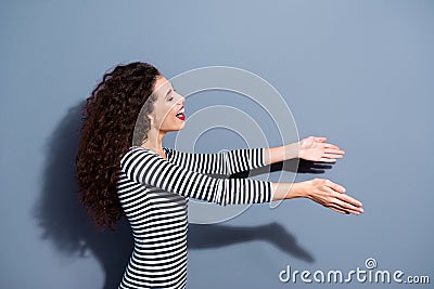 Give take free concept. Half closeup photo portrait of delightful rejoicing nice glad optimistic positive excited honest Stock Photo