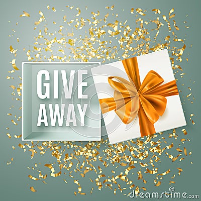 Giveaway advertisement banner with realistic open gift box, decorative gold bow and confetti, vector illustration Vector Illustration
