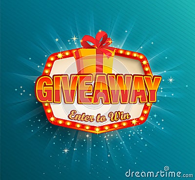 Giveaway banner, Win poster in retro light frame. Vector Illustration