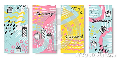 Giveaway banners. Social media sale post and give away action template, share and refer friends concept. Vector gift box Vector Illustration