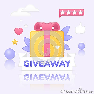 Giveaway in social media design template, 3D gift with box ribbon, thumbs up, heart emoji Vector Illustration