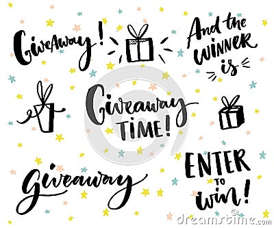 Giveaway text and design elements. Set of handwritten lettering and hand drawn gifts. Social media contest typography Vector Illustration