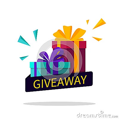 Giveaway winner flyer. Gift box with ribbon for contest win. Gift for announcement of win poster. Competition banner and give away Cartoon Illustration