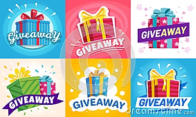 Giveaway winner poster. Gift offer banner, giveaways post and gifts prize flyer vector illustration set Vector Illustration