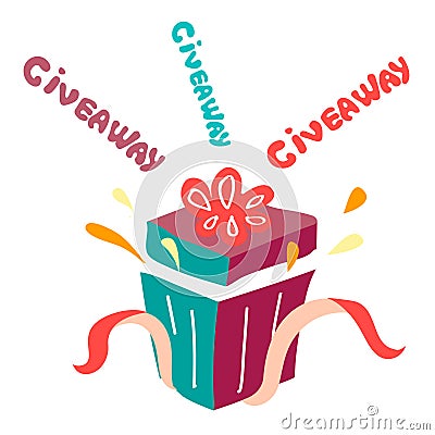 Giveaway winner poster. Surprise. Open Box Gift offer banner, giveaways post and winner reward in contest, prize in boxes with Vector Illustration