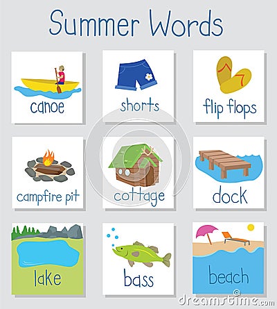 Summer words with illustrations on a cue card Stock Photo