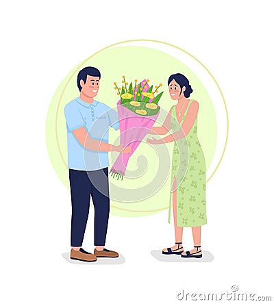 Giving flowers 2D vector web banner, poster Vector Illustration