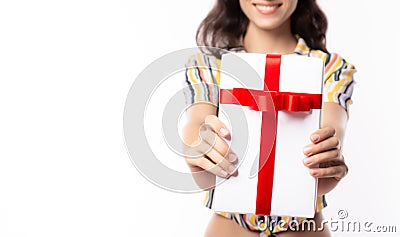 Giving gift box or receive gift box in birthday, new year, valentine, Christmas or anniversary day with happiness, smiley face. Stock Photo