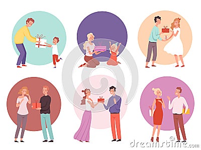 Giving gifts. Family presenting surprize for kids happy couples with gifts vector characters Vector Illustration