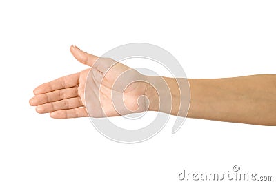 Giving hand for handshake. Woman hand gesturing isolated on white Stock Photo