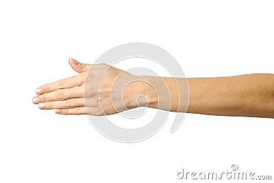 Giving hand for handshake. Woman hand gesturing isolated on white Stock Photo