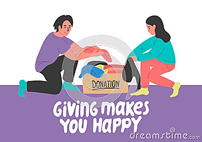 Giving makes you happy. Young woman and man putting clothes to donation boxes. Vector Illustration