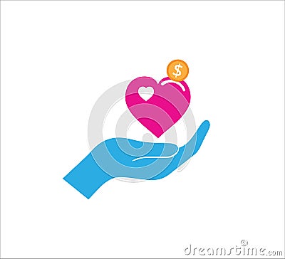 giving present hand gesture with hear and coin vector icon logo design for charity, donation, fundraising humanity event dan non Vector Illustration