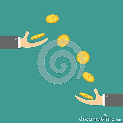 Giving taking Hands with falling down golden coin money dollar sign. Helping hand concept. Flat design style. Business support cre Vector Illustration