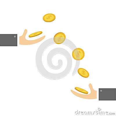 Giving taking Hands with falling down golden coin money dollar sign. Helping hand concept. Flat design style. Business support cre Vector Illustration