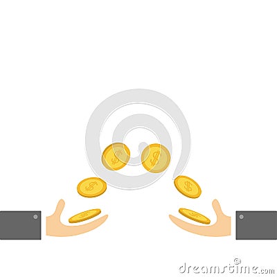 Giving and taking Hands with flying golden coin money dollar sign. Helping hand concept. Flat design style. Business support credi Vector Illustration