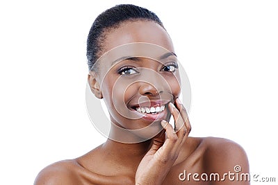 Giving you a mega-watt smile. an attractive african american model isolated on white. Stock Photo