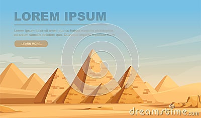 Giza Egyptian Pyramids desert landscape with sky flat vector illustration horizontal banner design Cartoon Illustration