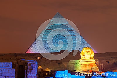 Giza Pyramid and Sphinx Light Show at Night - Cairo, Egypt Stock Photo