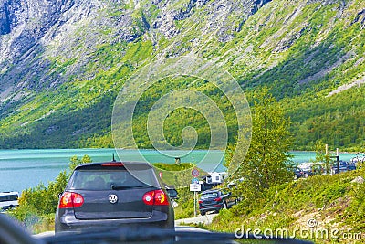 Gjendeosen Kiosk & Parking cars at Besseggen Mountain ridge Norway Editorial Stock Photo