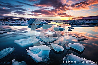 Glacial Majesty: A Princess Avatar's Apocalyptic Sunset Adventure in Iceland's Frozen Wonderland Stock Photo