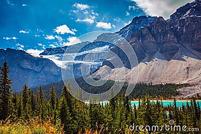 Glacier Crowfoot in striped mountains Stock Photo