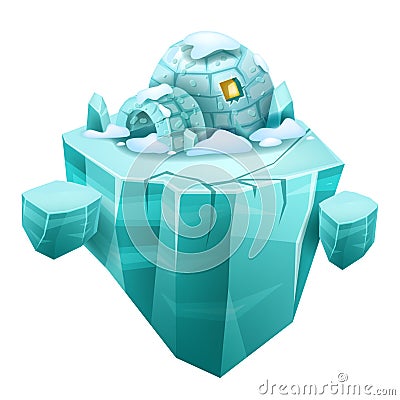 Glacier game island, 3D cartoon iceberg, north igloo house, isometric arctic vector ice land. Vector Illustration