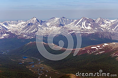 Glacier mountain peaks. Northern landscape. View from helicopter flight altitude Stock Photo