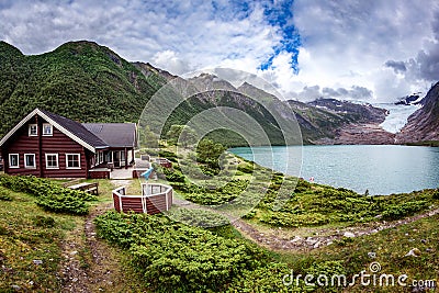 Glacier on the viewing platform. Svartisen Glacier in Norway. Stock Photo