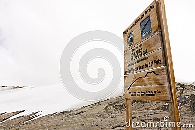 Glacier Volcano Nevado del Ruiz signboard. Editorial Stock Photo