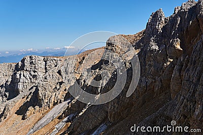 Glaciers survived until the end of summer in the shade of rocks on the north side of the Oshten mountain peak in the Caucasus Stock Photo