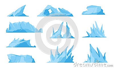 Glaciers. Icebergs, ice mountains and compressed snow, freezing ocean landscape and melting sea rock. Vector iceberg set Vector Illustration