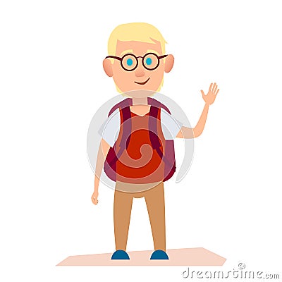 Glad Albino Boy with Glasses and Knapsack on Back Vector Illustration