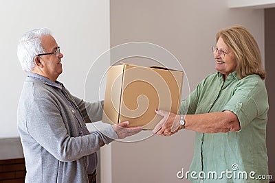 Glad elderly couple moving into new house Stock Photo