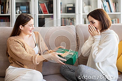 Glad european millennial female gives gift box to surprised girlfriend, congratulate with Birthday Stock Photo