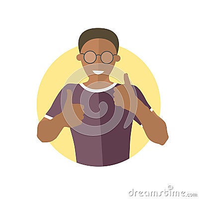 Glad, joyful, cheerful black boy in glasses. Flat design icon of handsome african man with thumbs up. Cool, joy, optimistic emotio Vector Illustration