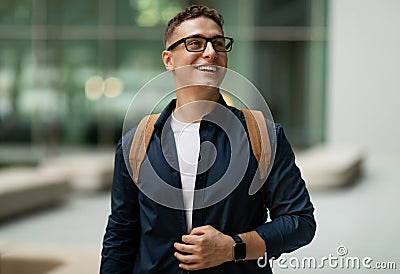 Glad shocked young european man student in glasses with backpack enjoy lifestyle, look at free space Stock Photo