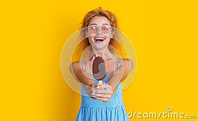 glad woman with icecream on background. photo of woman with icecream at summer. Stock Photo