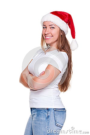 Glad woman in santa hat Stock Photo