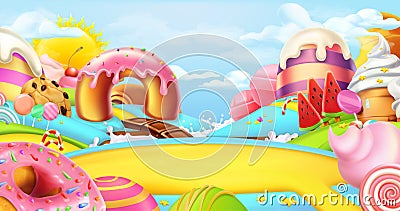 Glade in a candy land. Sweet landscape, vector panorama Vector Illustration