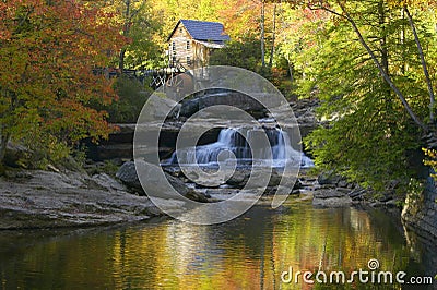 Glade Creek Grist Mil and autumn reflections and water fall in Babcock State Park, WV Stock Photo