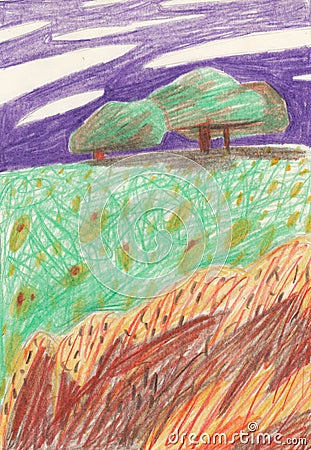 Colored drawing glade with trees, stones and flowers, as well as a purple sky. Suitable for a poster, t-shirt print, postcard, pos Stock Photo