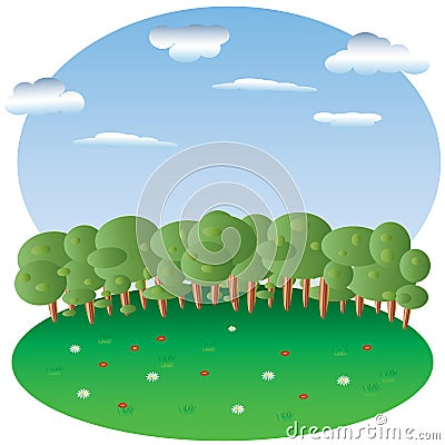 Glade with flowers, forest in the background, sky with clouds, Vector Illustration