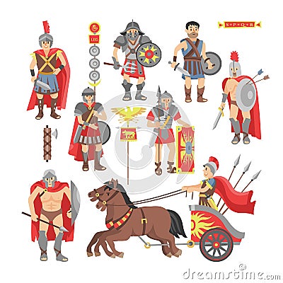 Gladiator vector roman warrior man character in armor with sword or weapon and shield in ancient Rome illustration Vector Illustration