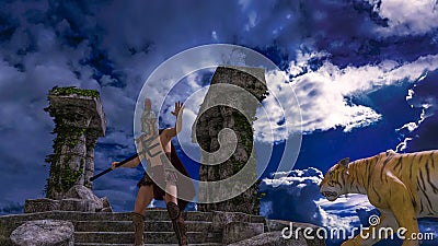 Gladiator warrior fighter in armor fighting a tiger. Ancient Greece or Rome. Columns ruins of a Temple Stock Photo