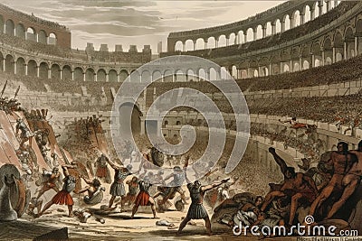gladiators battling in ancient coliseum, surrounded by cheering spectators Stock Photo