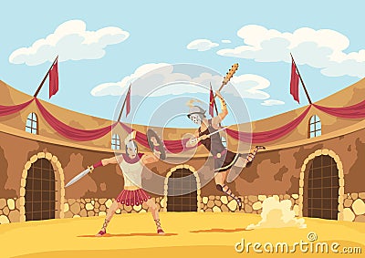 Gladiators fighting. Two gladiators engage in fierce combat with swords and shields in an epic fight to the finish in Vector Illustration