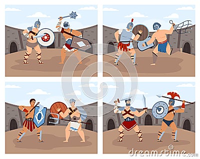 Gladiators, legionnaires or spartan warriors with weapons in fight. Vector Illustration