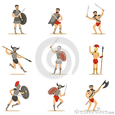 Gladiators Of Roman Empire Era In Historical Armor With Swords And Other Weapons Fighting On Arena Set Of Cartoon Vector Illustration